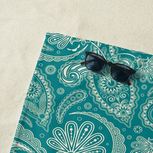 White And Green Paisley Beach Towel (In Situ)