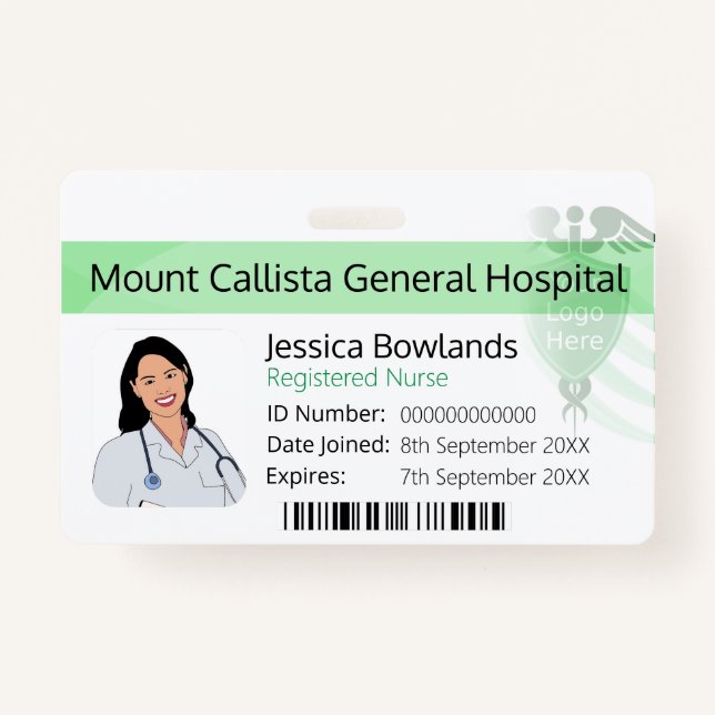 White And Green Registered Nurse Hospital Logo ID Badge (Front)