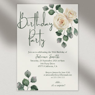 White and Green Rose Adult Birthday Party Invitation