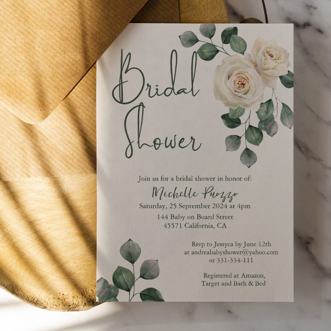 White and Green Rose Bridal Shower Invitation (Creator Uploaded)