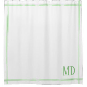  White and Green Striped Custom Initials Shower Curtain
