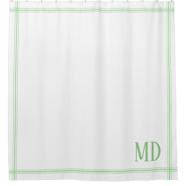  White and Green Striped Custom Initials Shower Curtain (Front)
