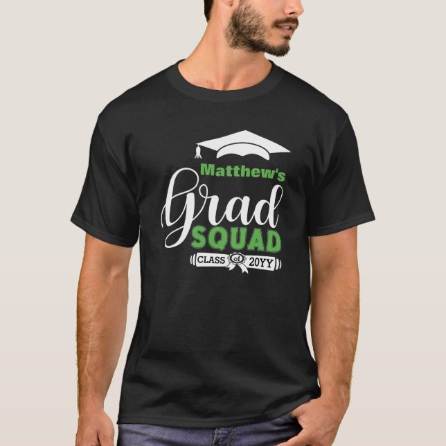 White and Green Text Men's Black Graduation Squad T-Shirt (Front)