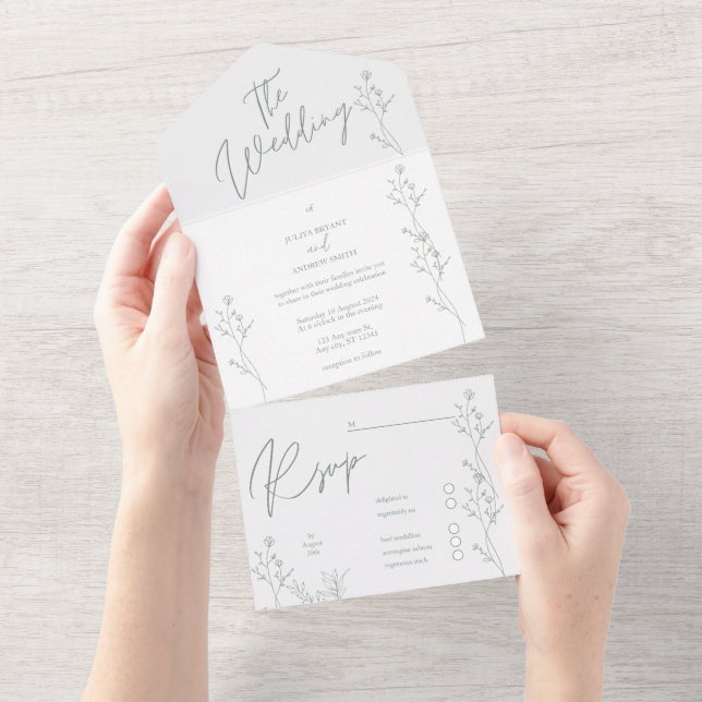 White and green trendy wedding all in one invitation (Tearaway)