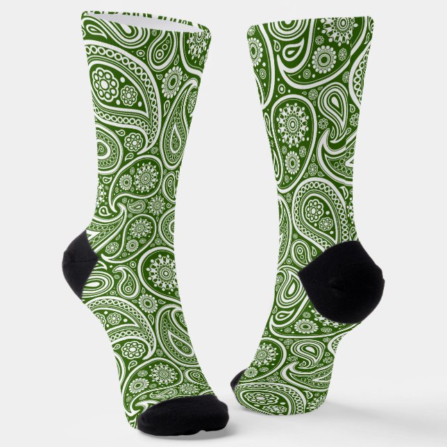 White and green vintage paisley pattern socks (Angled)