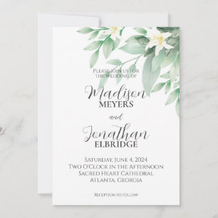 White and Green Watercolor Floral Lily Wedding Invitation