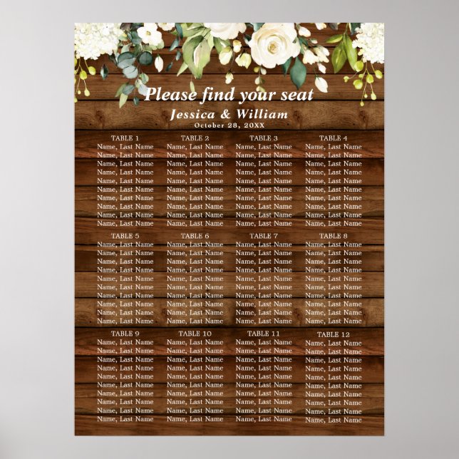 White and Greenery 12 Tables Wedding SEATING CHART (Front)