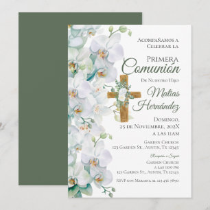 White and Greenery Floral First Communion Invitation