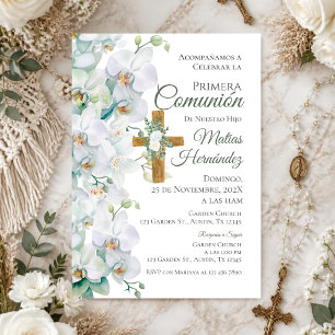 White and Greenery Floral First Communion Invitation