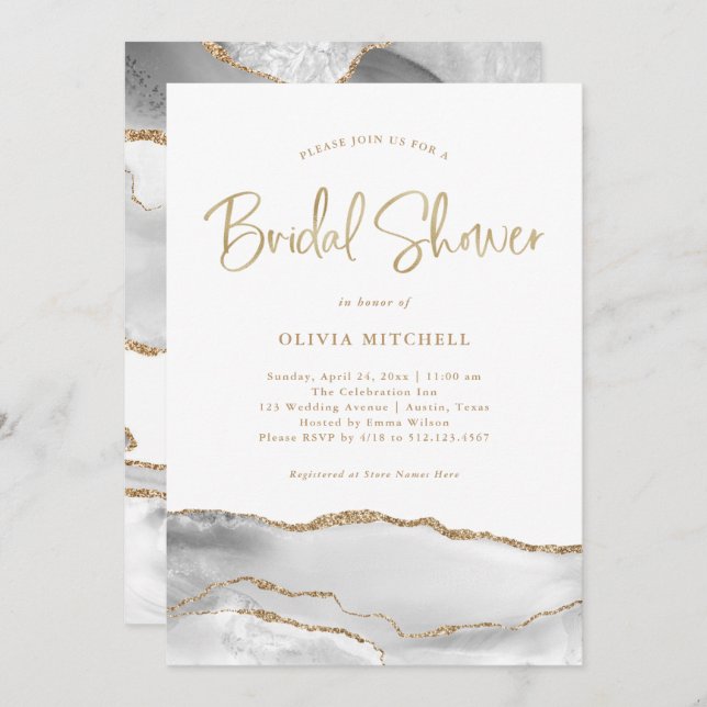White and Grey Agate with Gold | Bridal Shower Invitation (Front/Back)