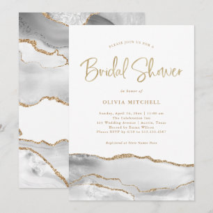 White and Grey Agate with Gold   Bridal Shower Invitation