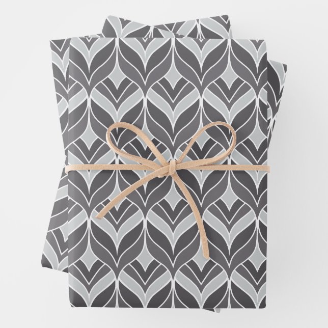 White and Grey Art Deco Pattern Wrapping Paper Sheet (In situ)