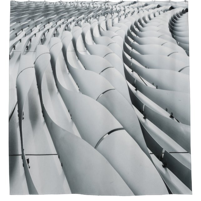 White and grey building structure shower curtain (Front)
