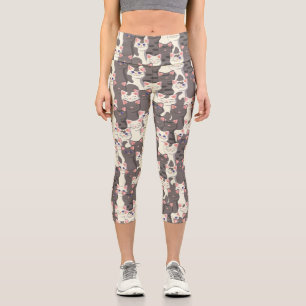 White and grey cats pattern capri leggings