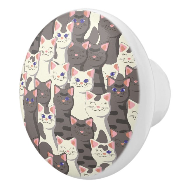 White and grey cats pattern ceramic knob (Right)