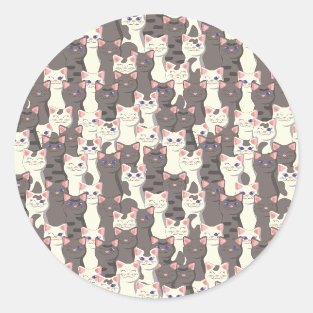 White and grey cats pattern classic round sticker (Front)