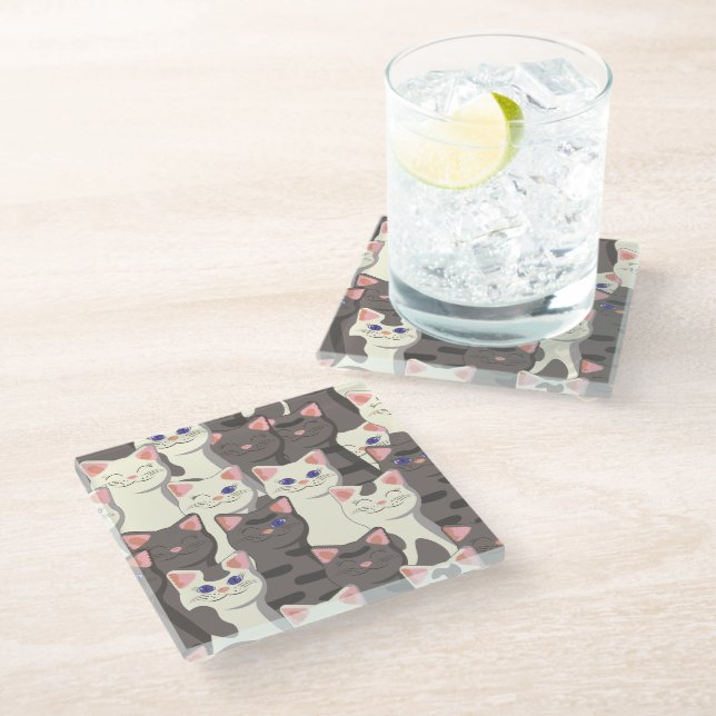 White and grey cats pattern glass coaster (Angled)