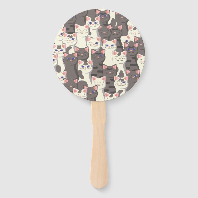 White and grey cats pattern hand fan (Front)