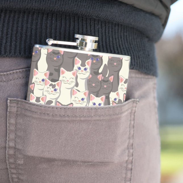 White and grey cats pattern hip flask (In Situ)