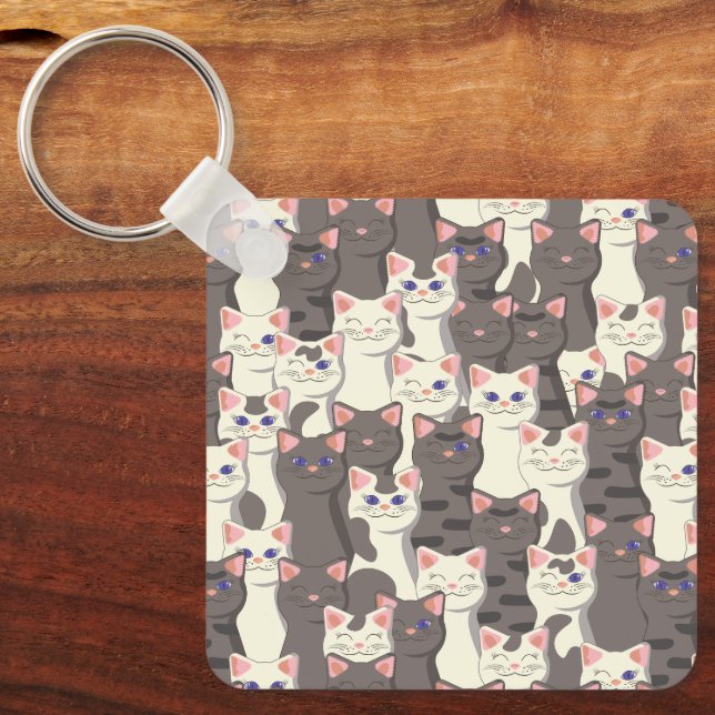 White and grey cats pattern key ring (Front)