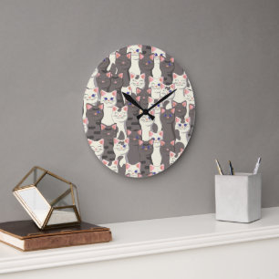 White and grey cats pattern large clock