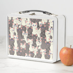 White and grey cats pattern metal lunch box