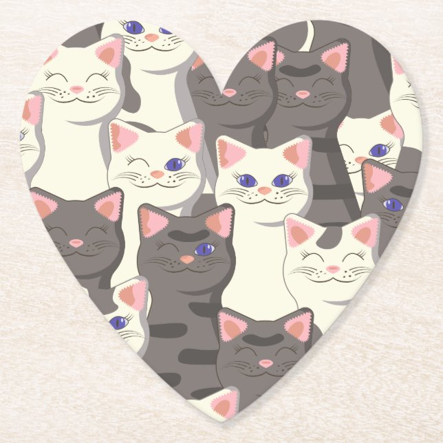 White and grey cats pattern paper coaster (Front)