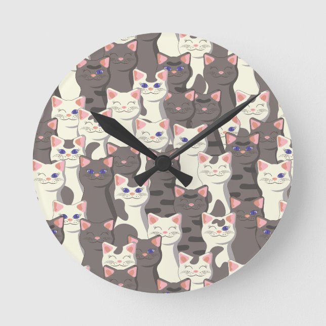 White and grey cats pattern round clock (Front)