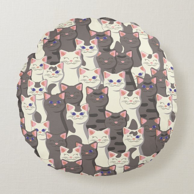 White and grey cats pattern round cushion (Front)