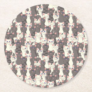 White and grey cats pattern round paper coaster