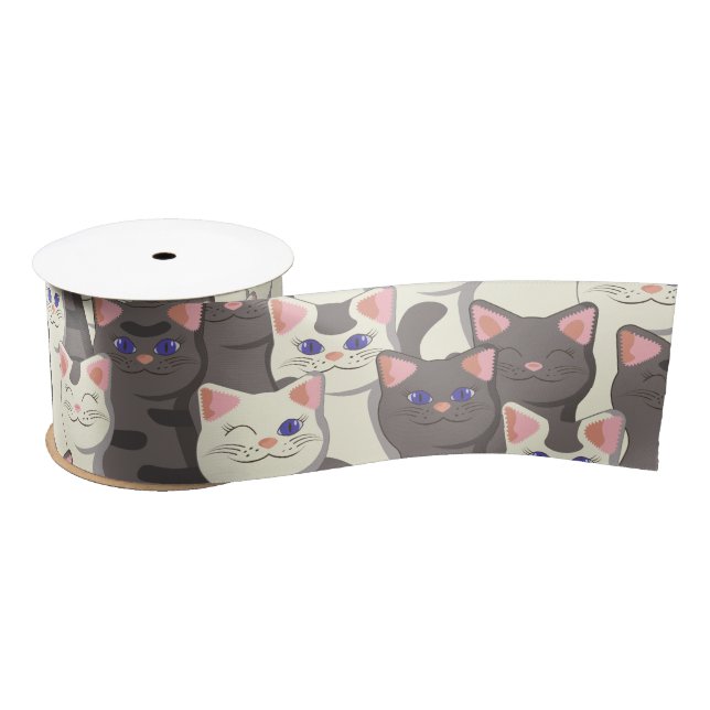 White and grey cats pattern satin ribbon (Spool)