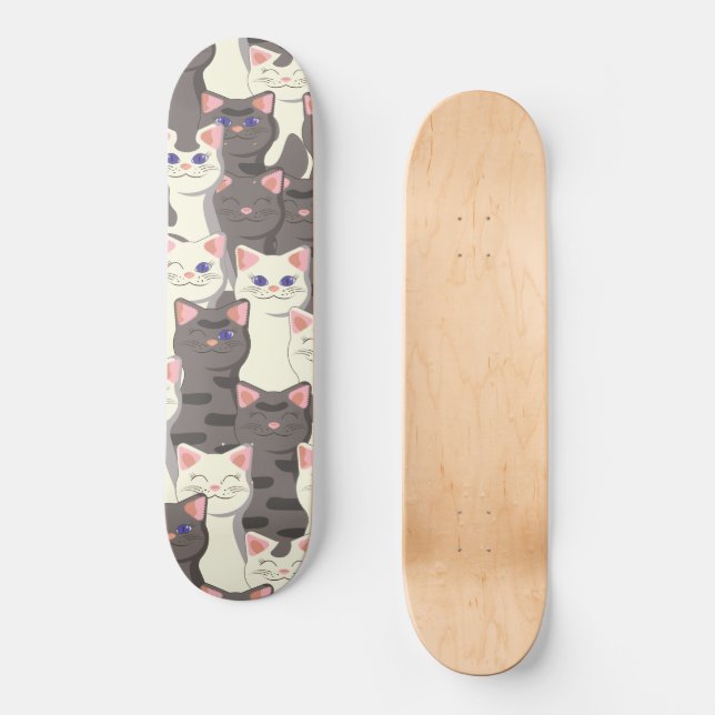 White and grey cats pattern skateboard (Front)