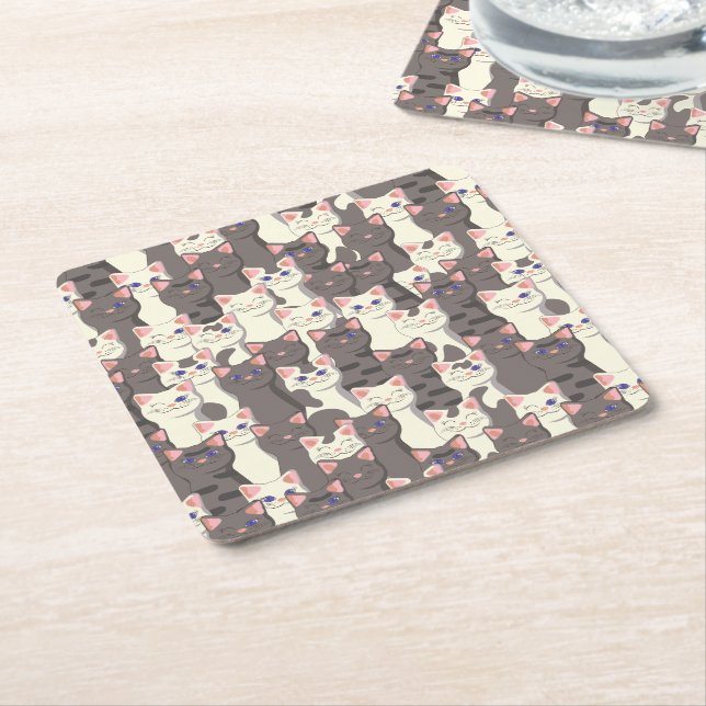White and grey cats pattern square paper coaster (Angled)