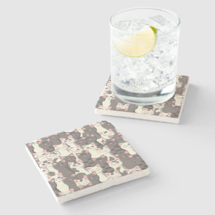 White and grey cats pattern stone coaster