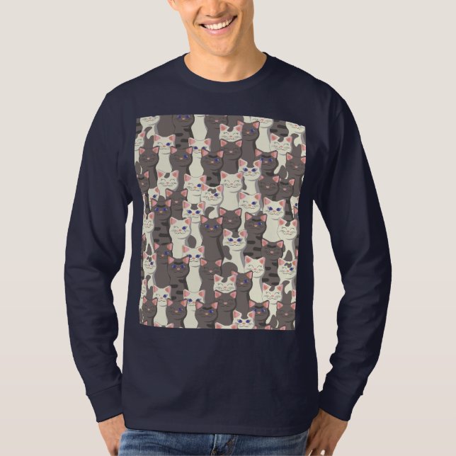 White and grey cats pattern T-Shirt (Front)