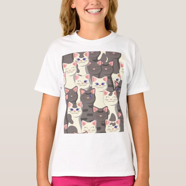 White and grey cats pattern T-Shirt (Front)
