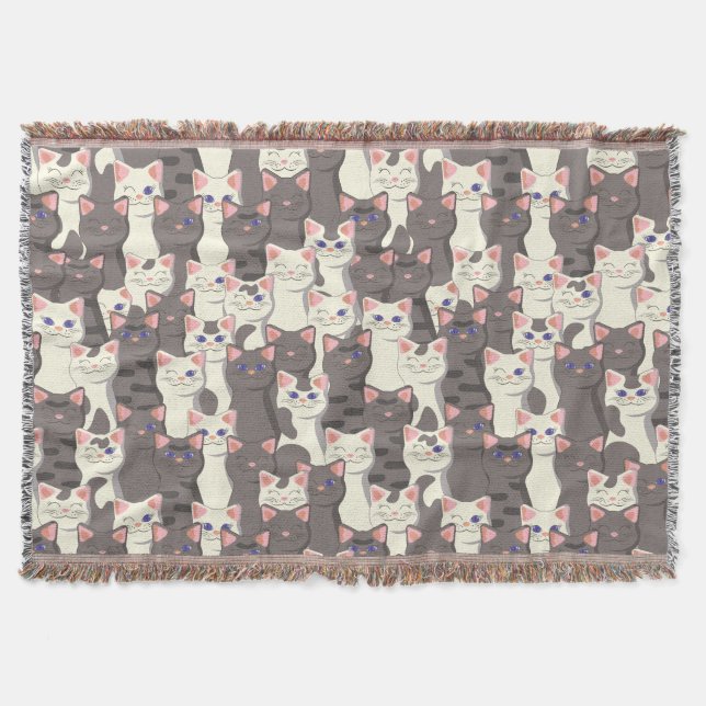 White and grey cats pattern throw blanket (Front)