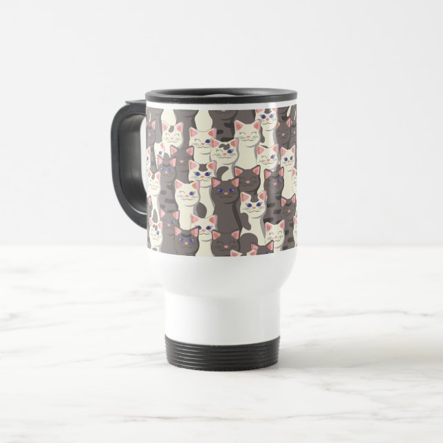 White and grey cats pattern travel mug (Front Left)