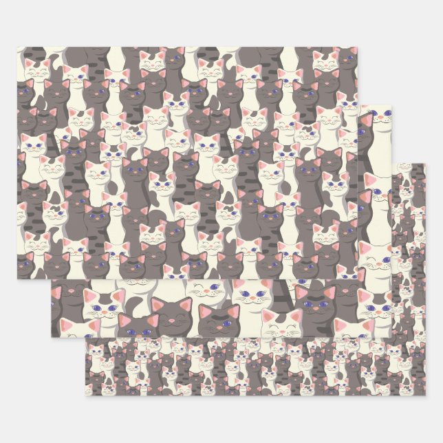 White and grey cats pattern wrapping paper sheet (Set)