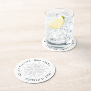 White and Grey Custom Text Snowflake Holiday Party Round Paper Coaster
