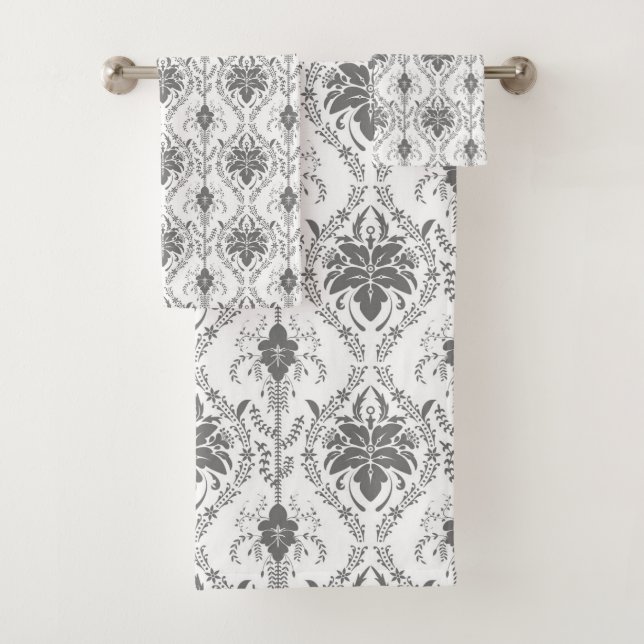 White and grey Damask openwork pattern Bath Towel Set (Insitu)