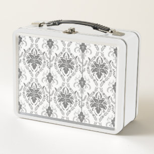 White and grey Damask openwork pattern Metal Lunch Box