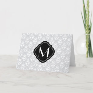 White and Grey Damask with Monogram Note Card