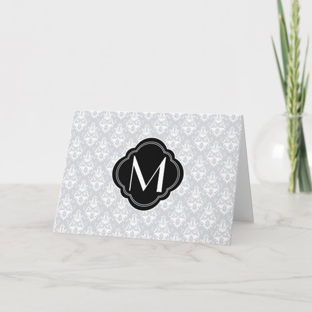 White and Grey Damask with Monogram Note Card (Front)