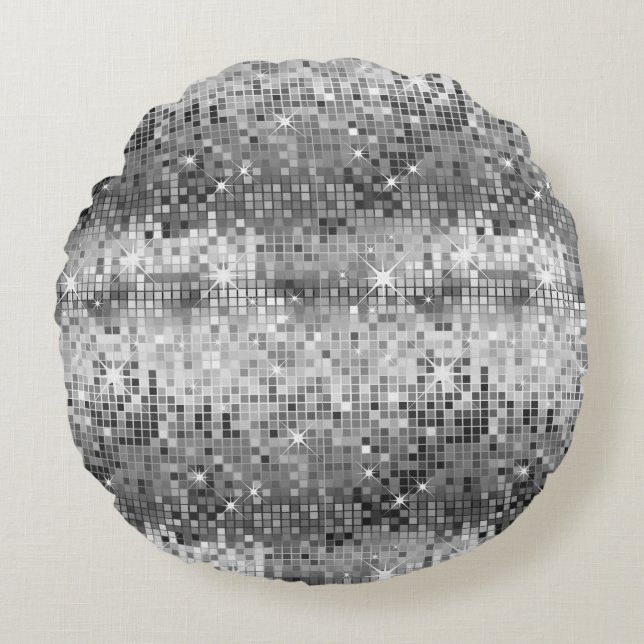 White And Grey Disco Glitter Print Round Cushion (Front)