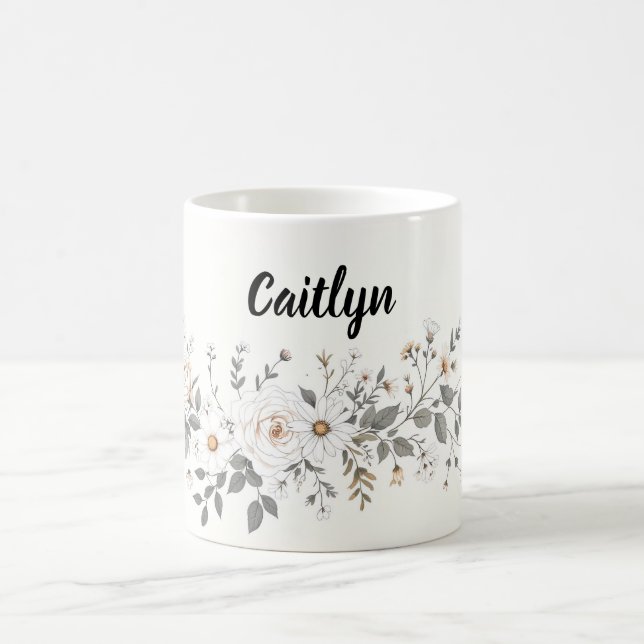 White and Grey Floral Border Coffee Mug (Center)
