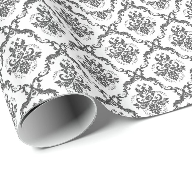 White And Grey Floral Damasks Pattern Wrapping Paper (Roll Corner)