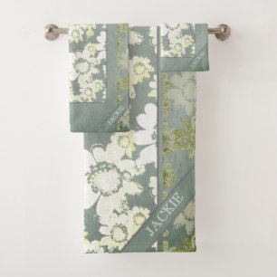 White and Grey Floral Lace Monogram Bath Towels