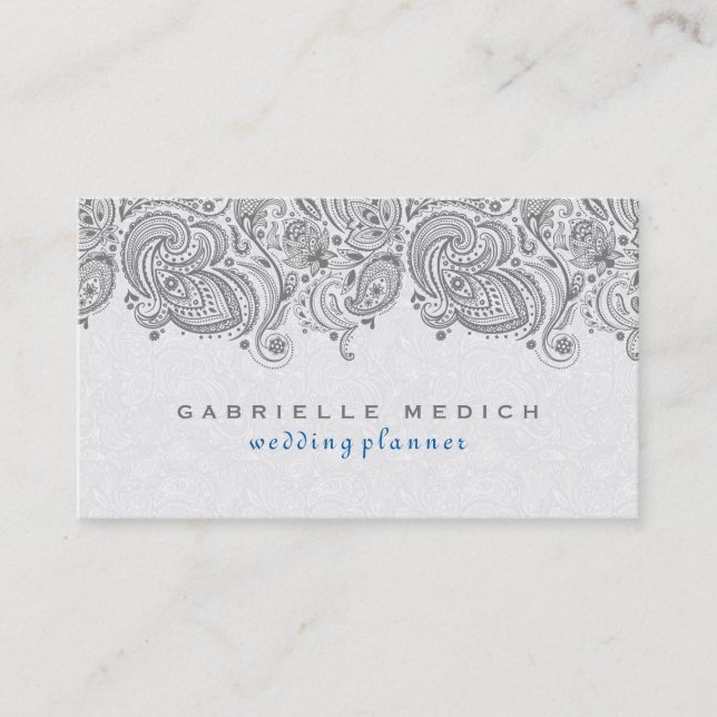 White And Grey Floral Paisley Lace Business Card (Front)