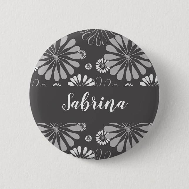 White and grey floral pattern 6 cm round badge (Front)